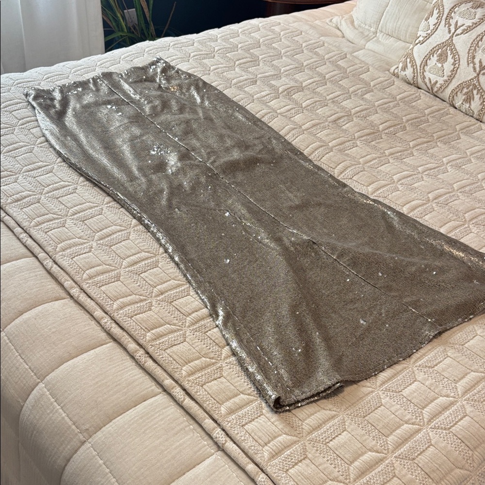 Line & Dot Sequin Silver Pencil Maxi Skirt